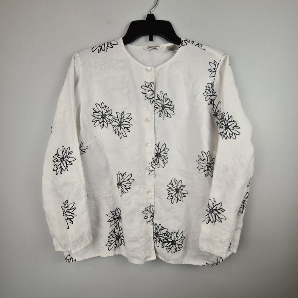 Laura Ashley Womens Large White 100% Linen Floral Embroidered Button Up Cardigan